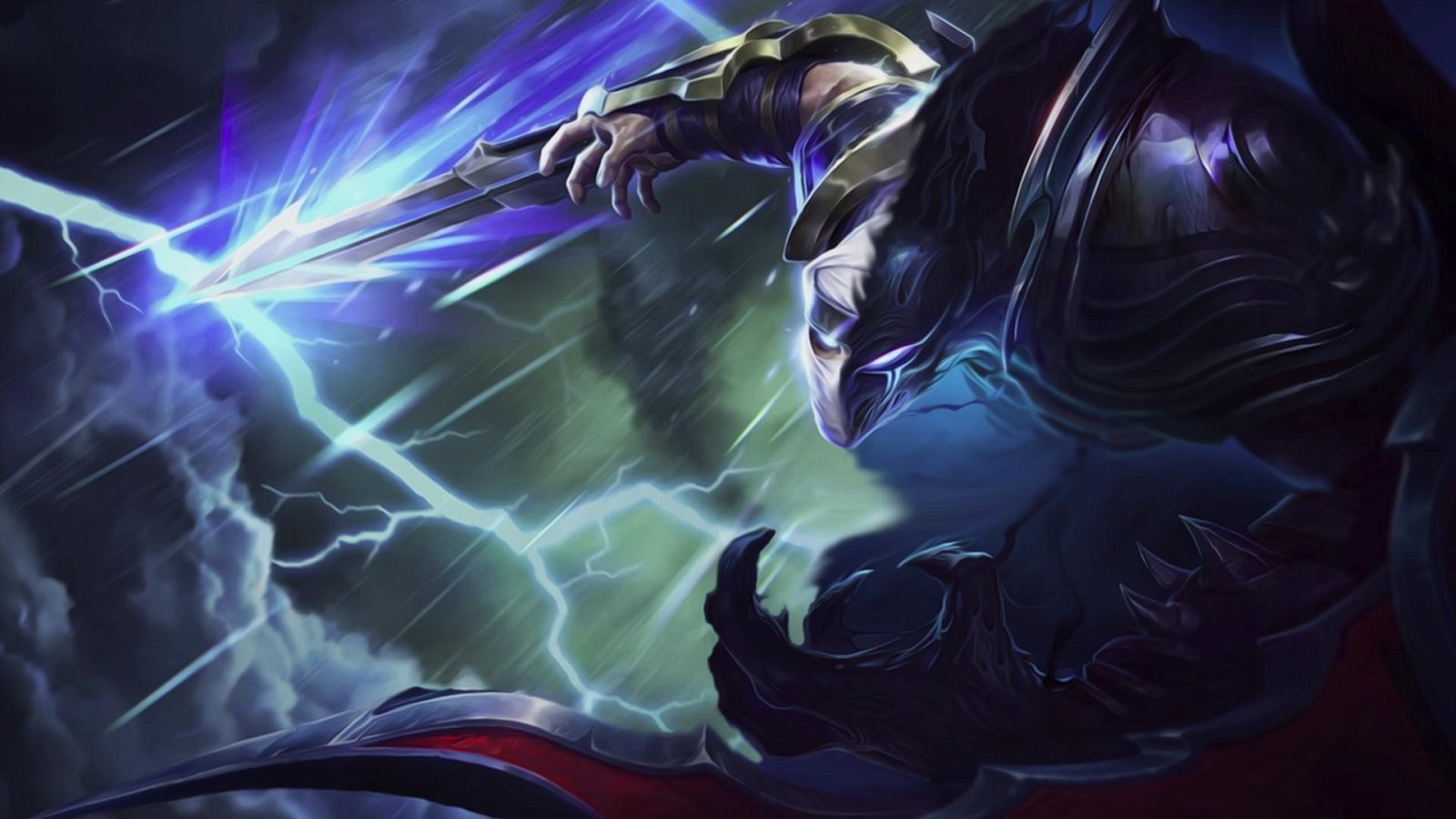 A dynamic artwork featuring Nocturne and Zed from League of Legends, set against a stormy backdrop with lightning, capturing the intensity of the video game.