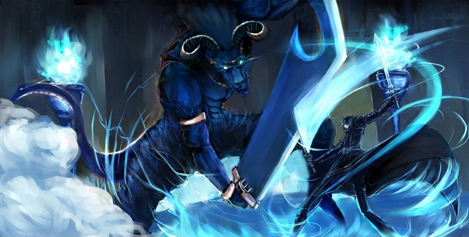 glowing eyes coat sword weapon tail horns The Gleam Eyes Kirito (Sword Art Online) Anime Sword Art Online Image