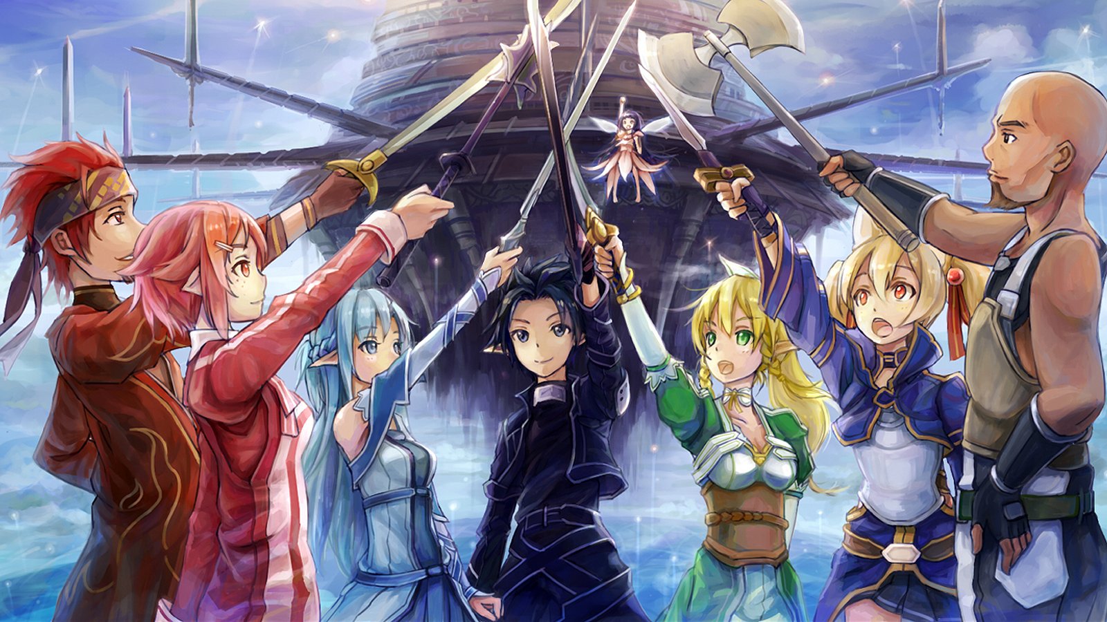 A vibrant scene from Anime Sword Art Online II, featuring a group of characters wielding swords, united in a dynamic stance against a backdrop of a futuristic structure.