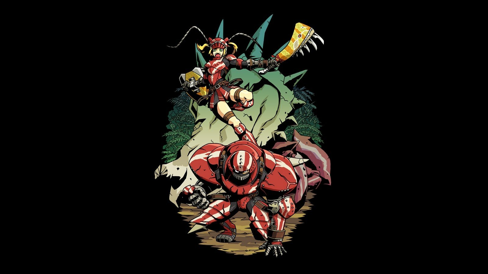 Monster Hunter video game art: a red-armored hunter crouches ready in the foreground while a smaller companion leaps off a giant green monster against a dark forest backdrop.