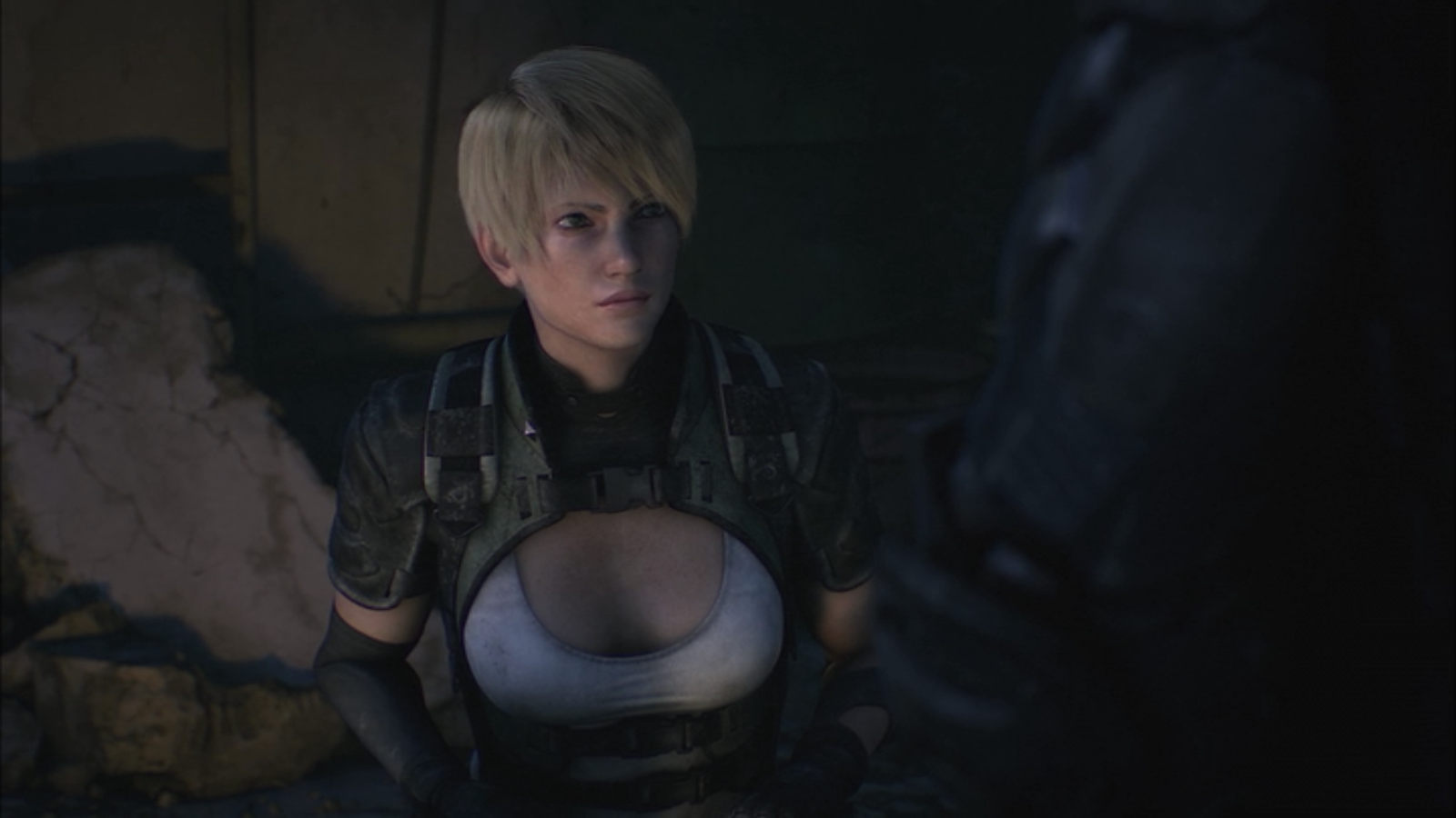 Blonde armored anime soldier with tactical mecha gear and revealing chest plate, lit in a gritty cyberpunk scene in Appleseed Alpha style.