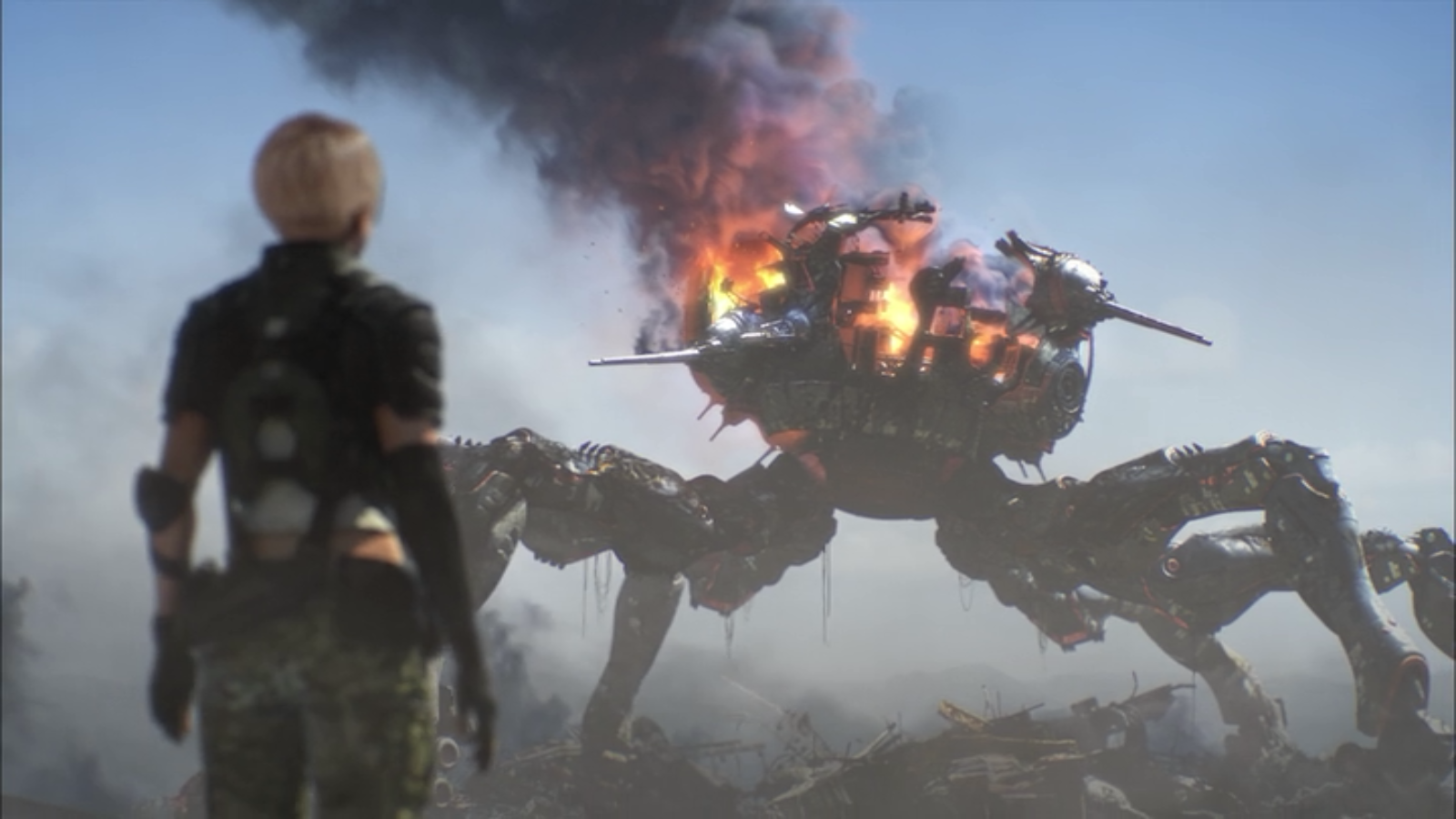 A cyberpunk mecha from Appleseed Alpha stands amid smoke and fire, viewed by a figure in a dramatic anime-style scene.