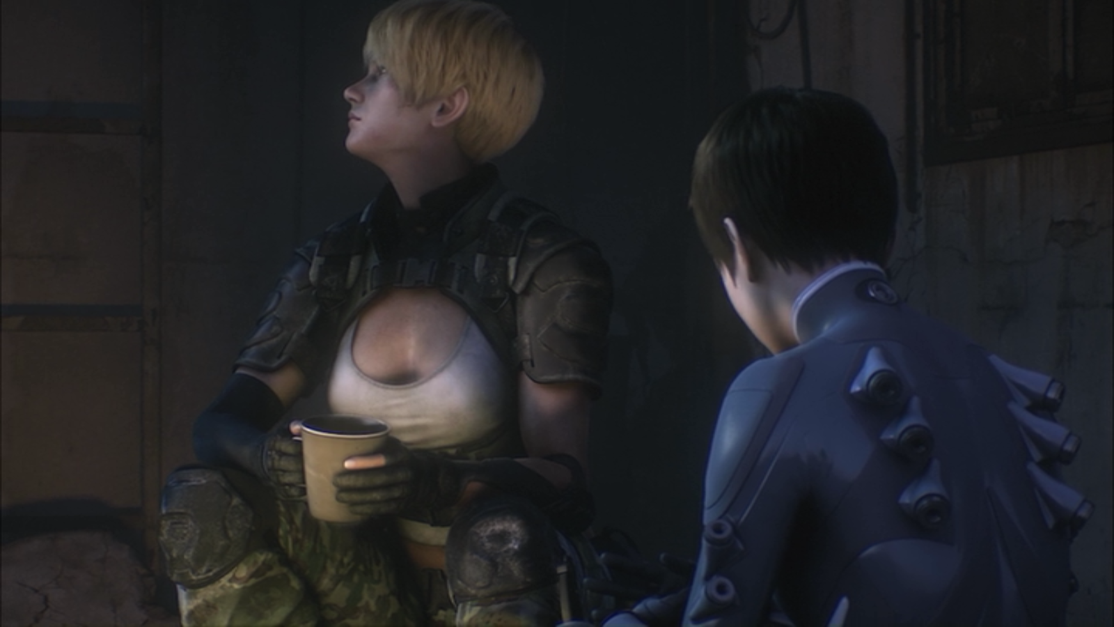 Cyberpunk mecha anime scene from Appleseed Alpha: two armored figures in a dim room — a blonde holds a mug while a companion in a blue tactical suit listens.