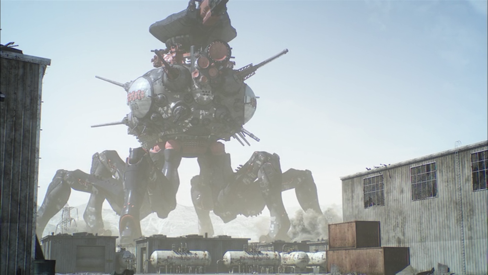 Cyberpunk Anime scene (Appleseed Alpha): towering spider-like mecha strides over a dusty industrial compound, its multi-legged silhouette and weaponry dwarfing nearby buildings.