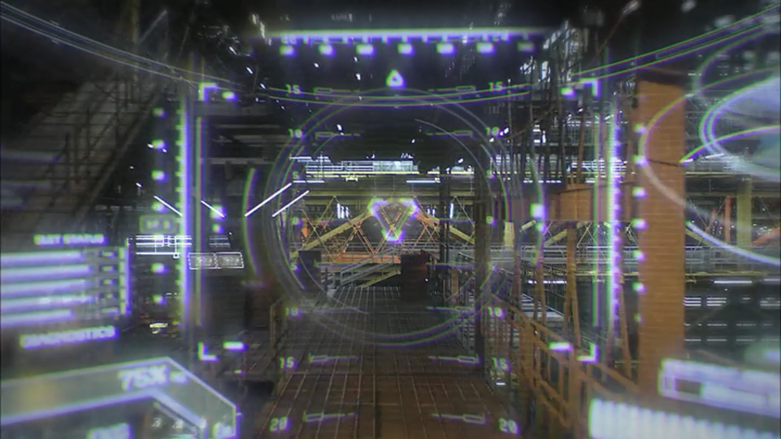 Cyberpunk mecha cockpit framed by translucent holographic HUDs and neon displays, anime-style Appleseed Alpha atmosphere, looking down a metallic corridor toward a distant control console.