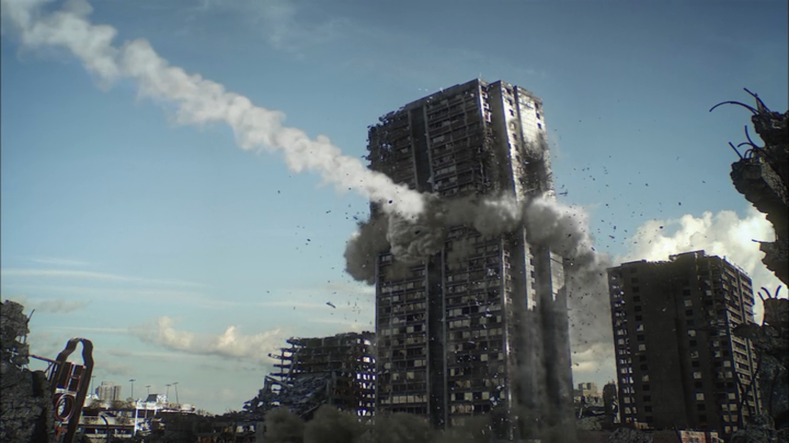 Cyberpunk mecha anime — Appleseed Alpha — towering skyscraper erupts, smoke and debris fill a ruined cityscape.