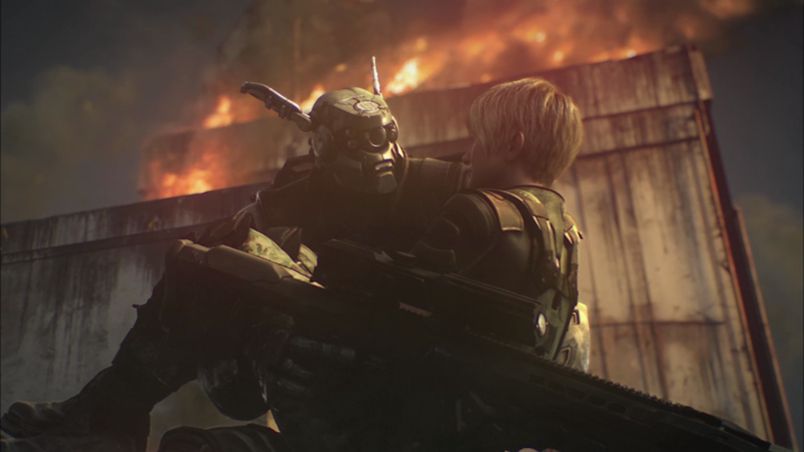 A cyberpunk mecha figure holds a person in armor against a burning industrial backdrop, styled in the anime aesthetic of Appleseed Alpha.