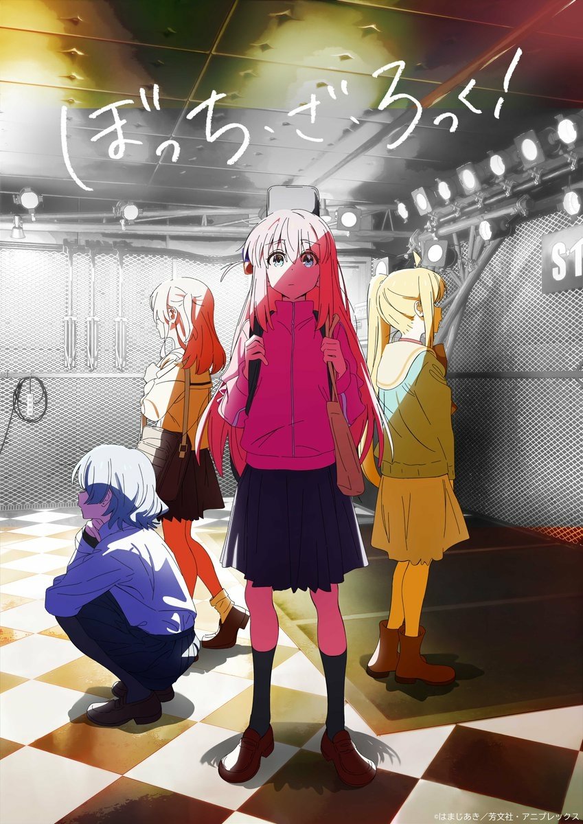 Anime image from Bocchi the Rock! of four band members onstage; pink-haired Bocchi stands front and center with a backpack under dramatic spotlights and a stylized monochrome background.