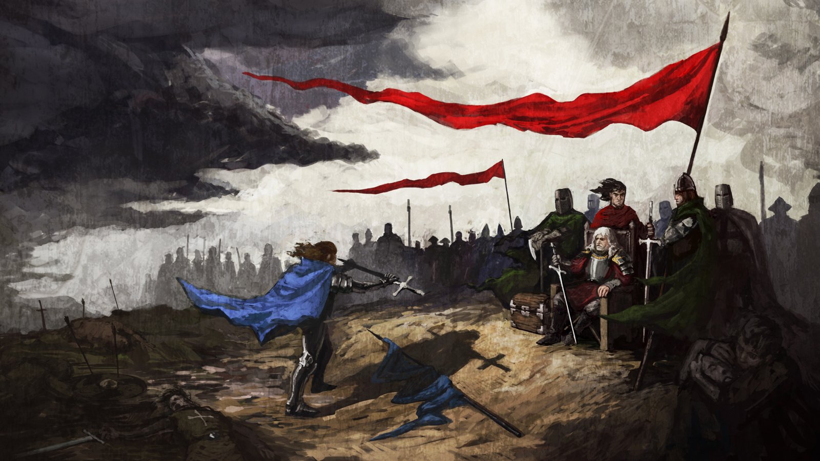 Artwork depicting a medieval battlefield scene from the video game Crusader Kings II, featuring soldiers with swords and banners under a stormy sky.