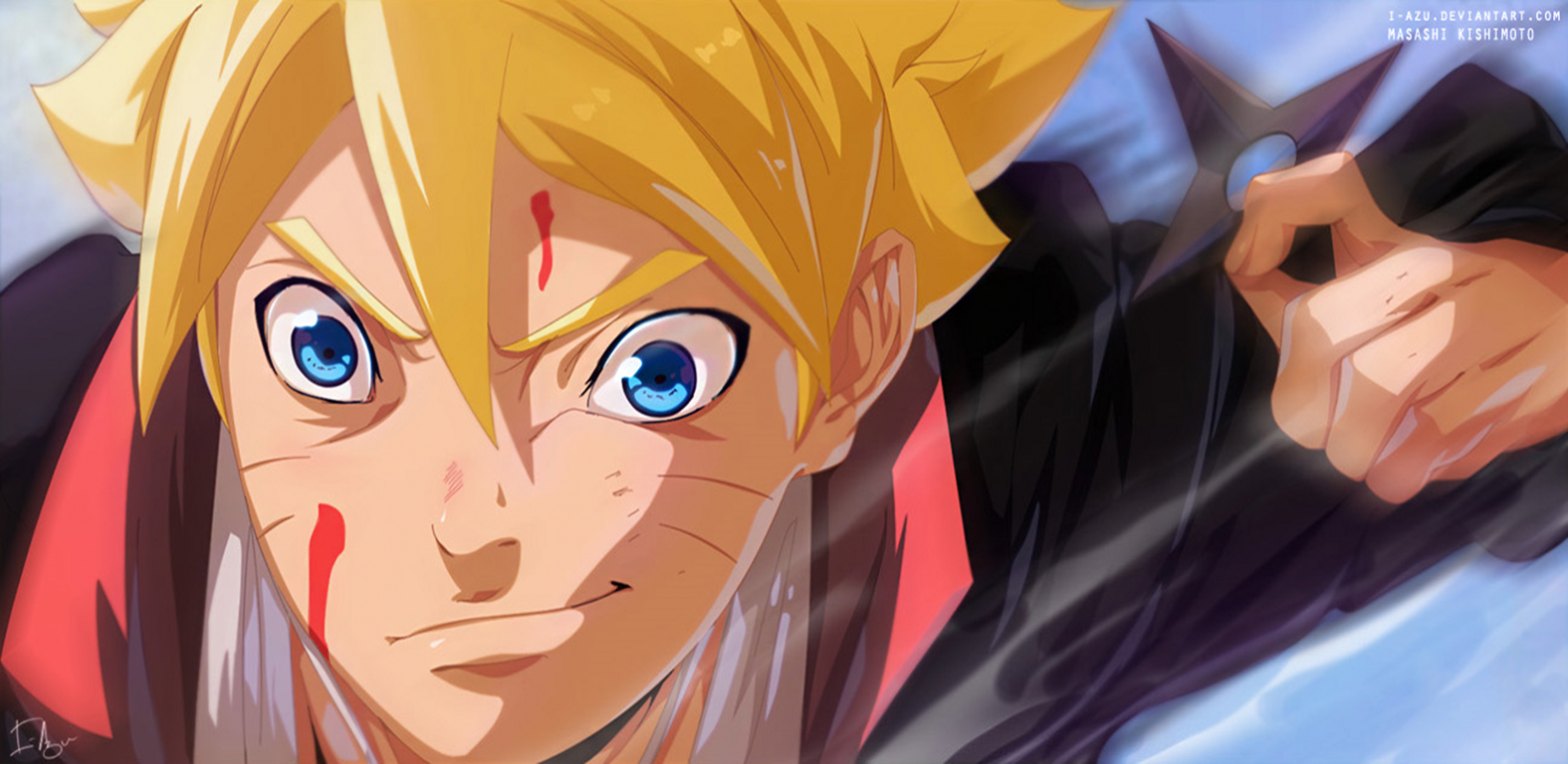 Boruto Uzumaki, from the anime Boruto: Naruto the Movie, is shown with a determined expression, ready for action, with striking blue eyes and spiky yellow hair.