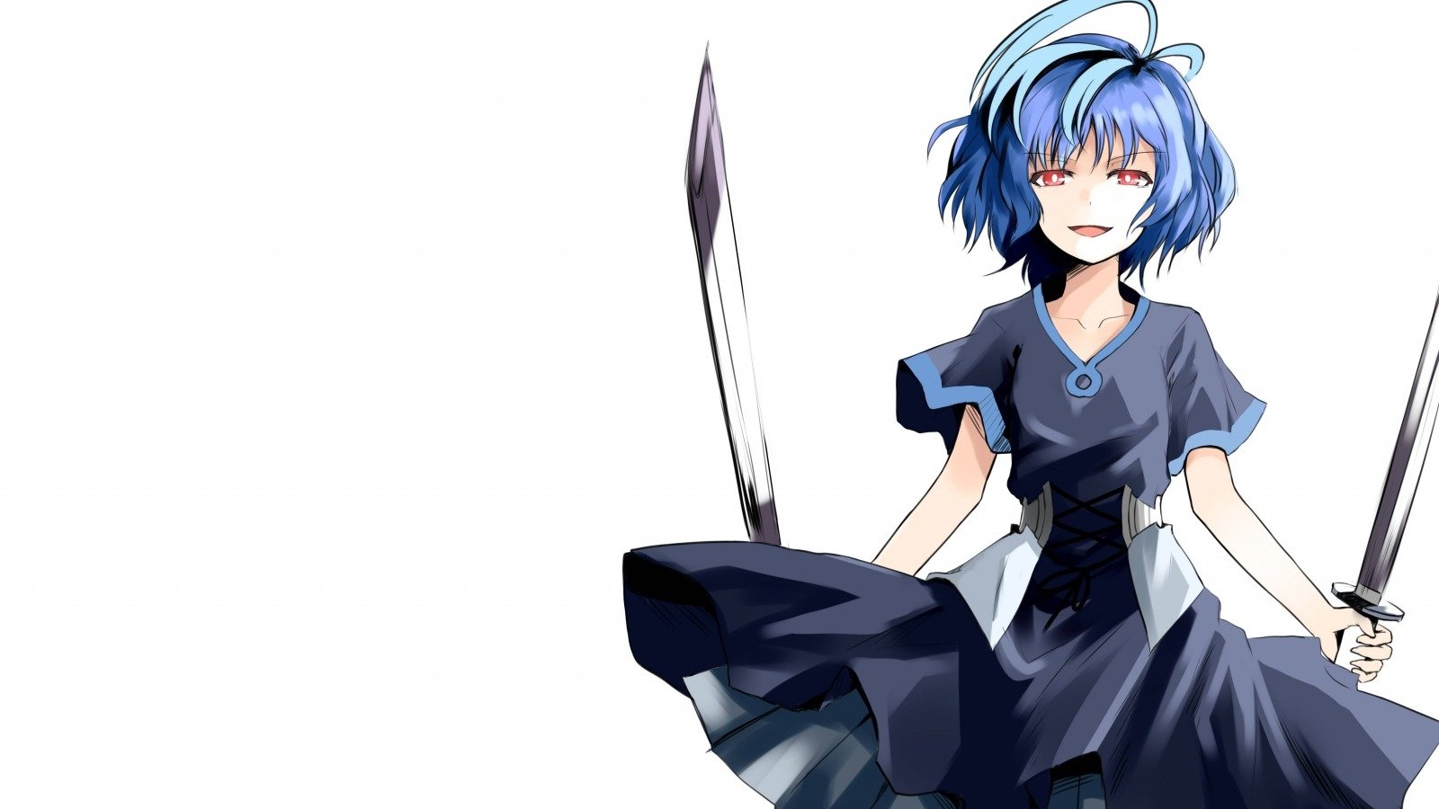 Kohina Hiruko from the anime Black Bullet wields two swords, dressed in a dark outfit with short blue hair and a confident expression.