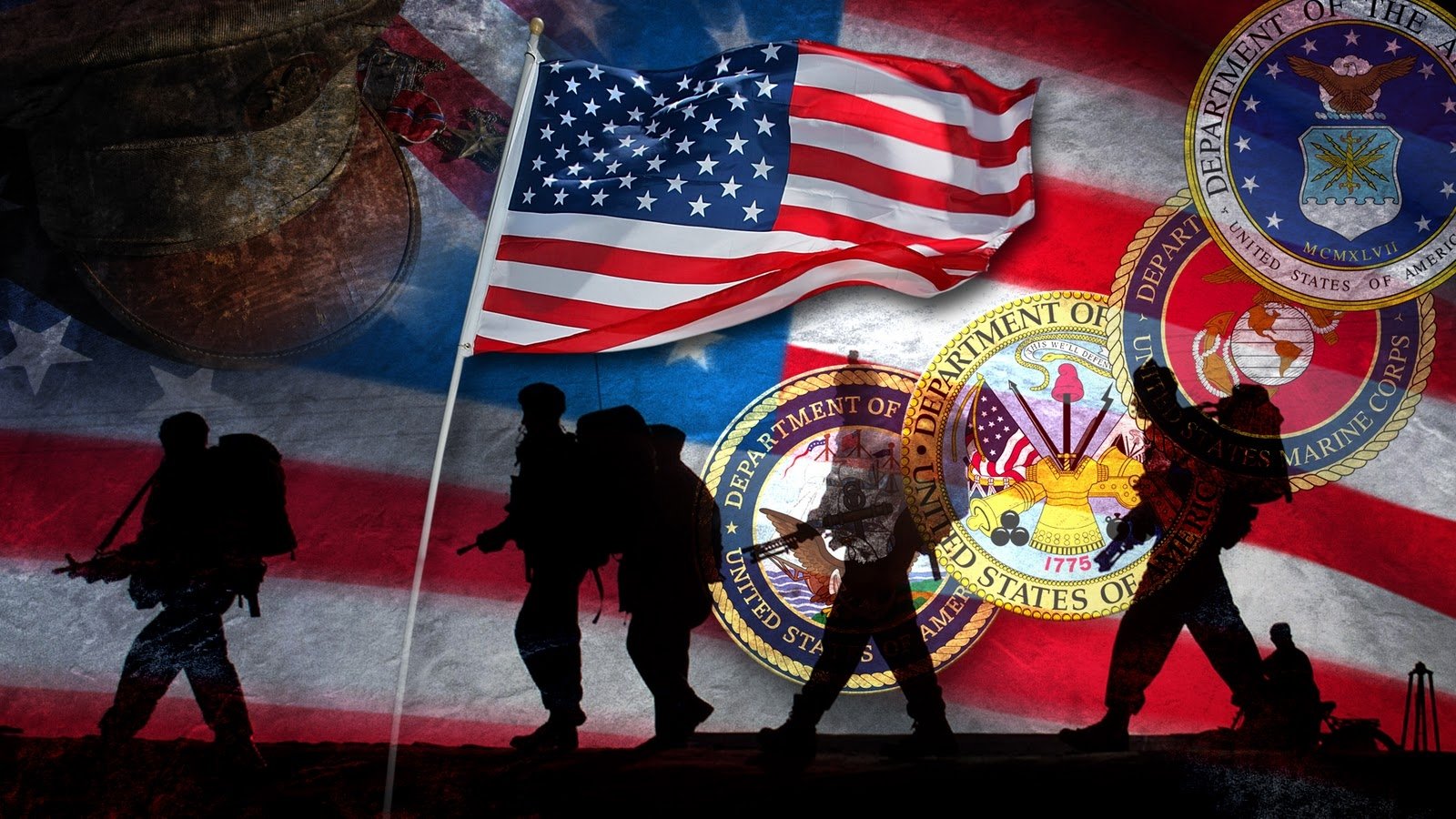 Silhouettes of soldiers walking with an American flag and military emblems in the background, commemorating Veterans Day holiday.