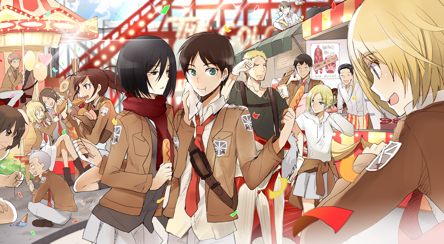 A vibrant scene featuring characters from Attack on Titan, including Mikasa, Eren, and Armin, in school uniforms at a festive event, surrounded by friends and lively decorations.
