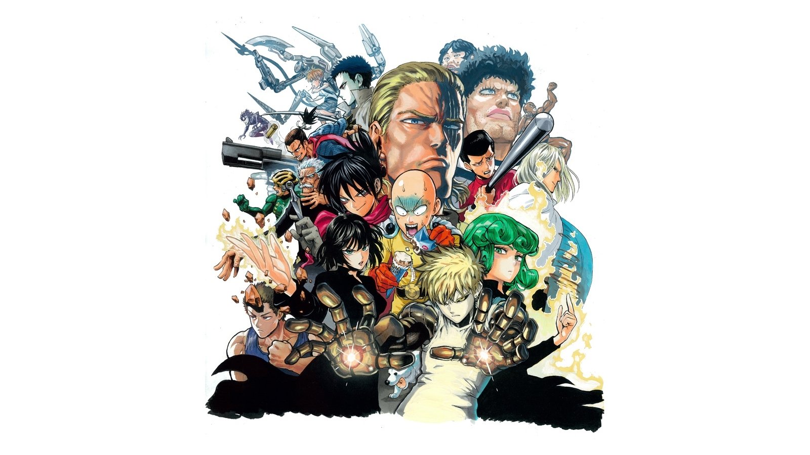 A dynamic collage of characters from the anime One-Punch Man, showcasing a diverse group of heroes and villains in vibrant action poses and striking designs.