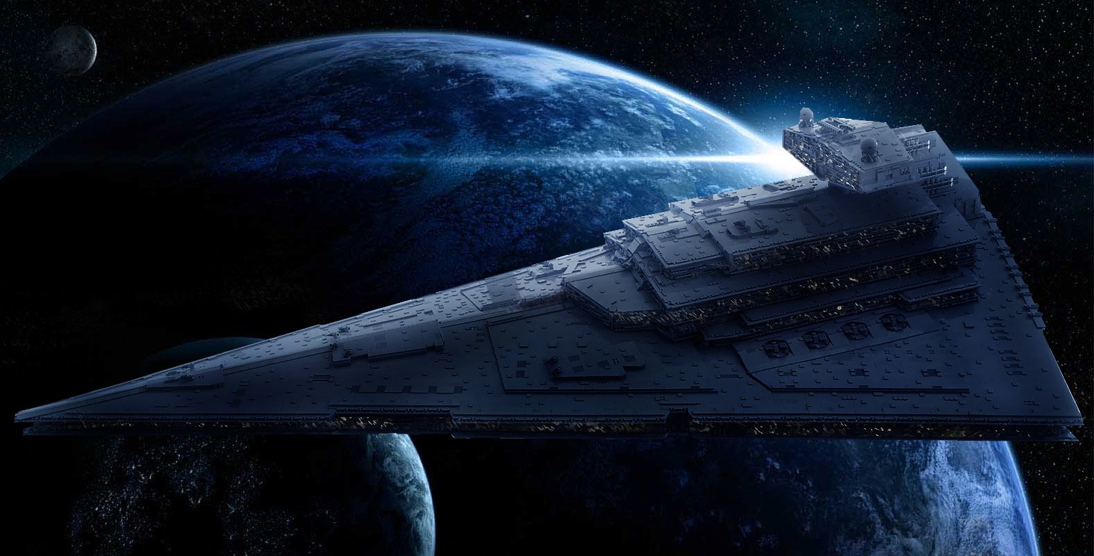 A Star Destroyer from Star Wars looms majestically in space, with a distant planet visible in the background, embodying the captivating essence of sci-fi.