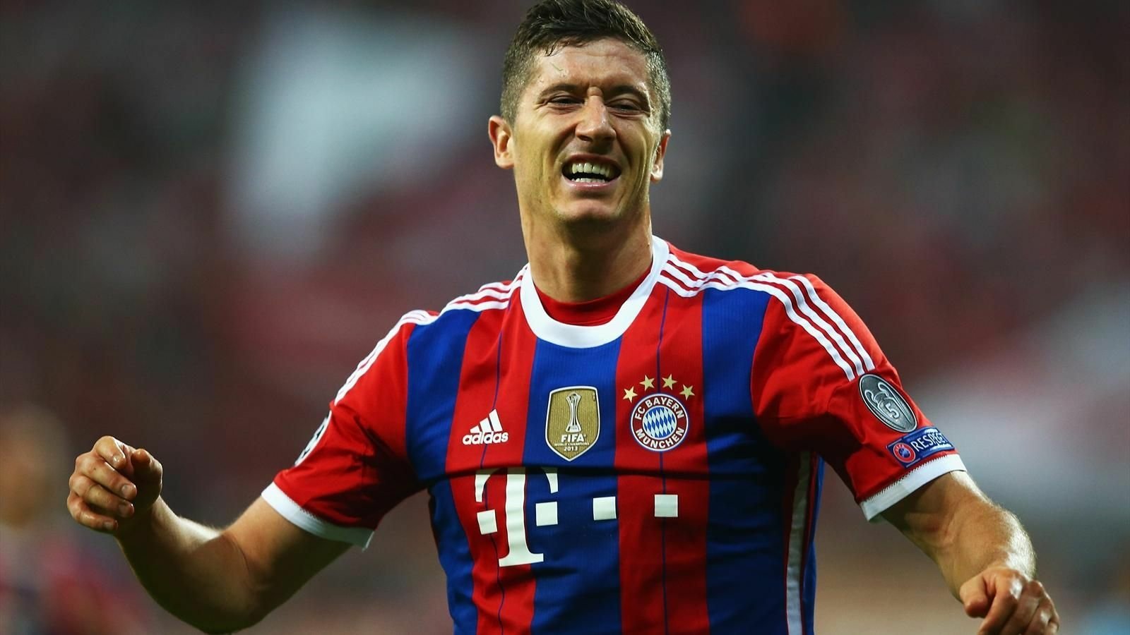 Robert Lewandowski celebrating on the field while playing for FC Bayern Munich, showcasing his skills as a top Polish soccer player.