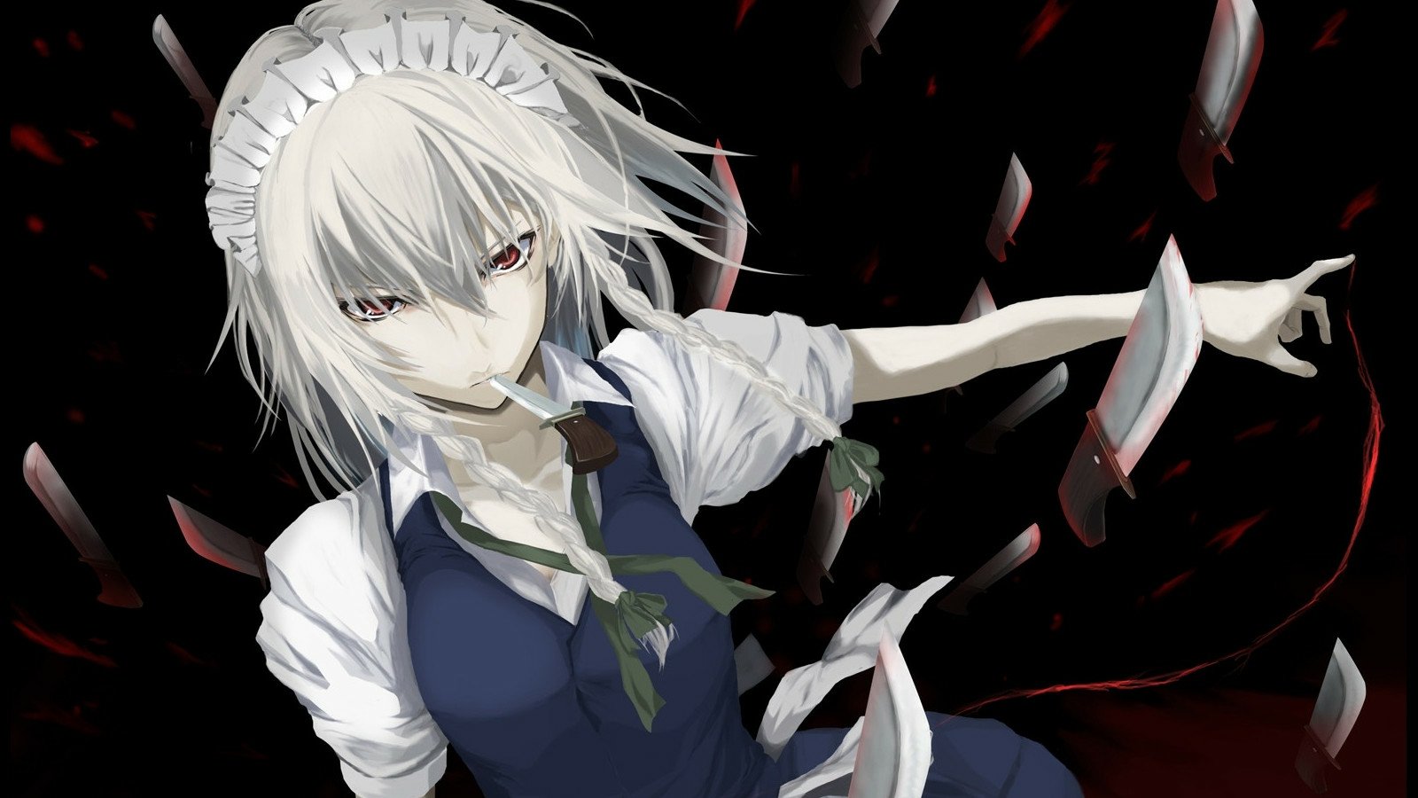 Sakuya Izayoi from Touhou anime is depicted with silver hair and a determined expression, surrounded by floating knives against a dark background.