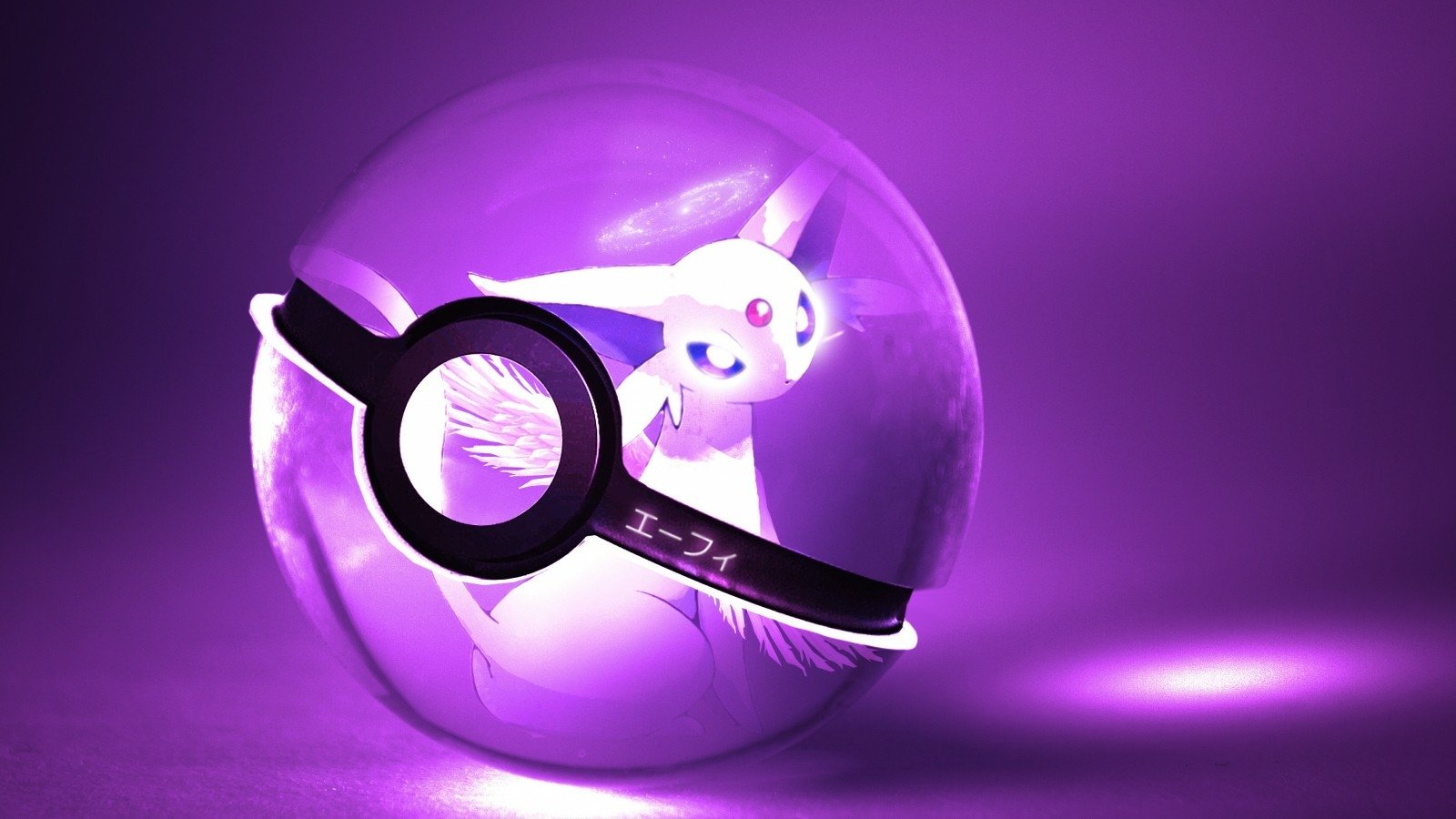 A glowing purple Poké Ball encases Espeon, an Eeveelution from Pokémon. The design highlights the anime aesthetic with a captivating, ethereal glow.