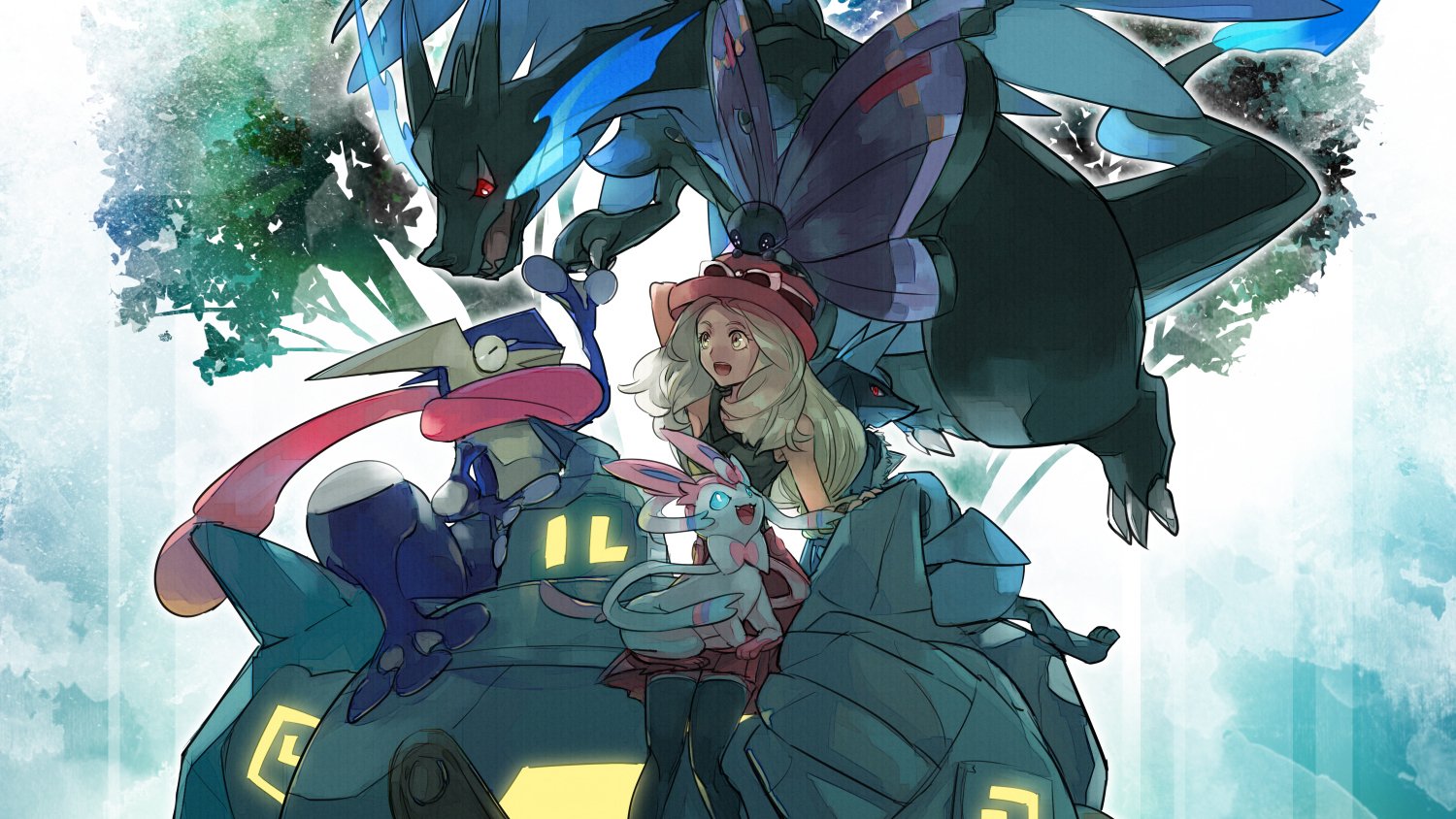 A vibrant illustration from Pokémon: X and Y, featuring a trainer surrounded by iconic Pokémon, including a dragon and a fairy-type, set against a lush, mystical backdrop.
