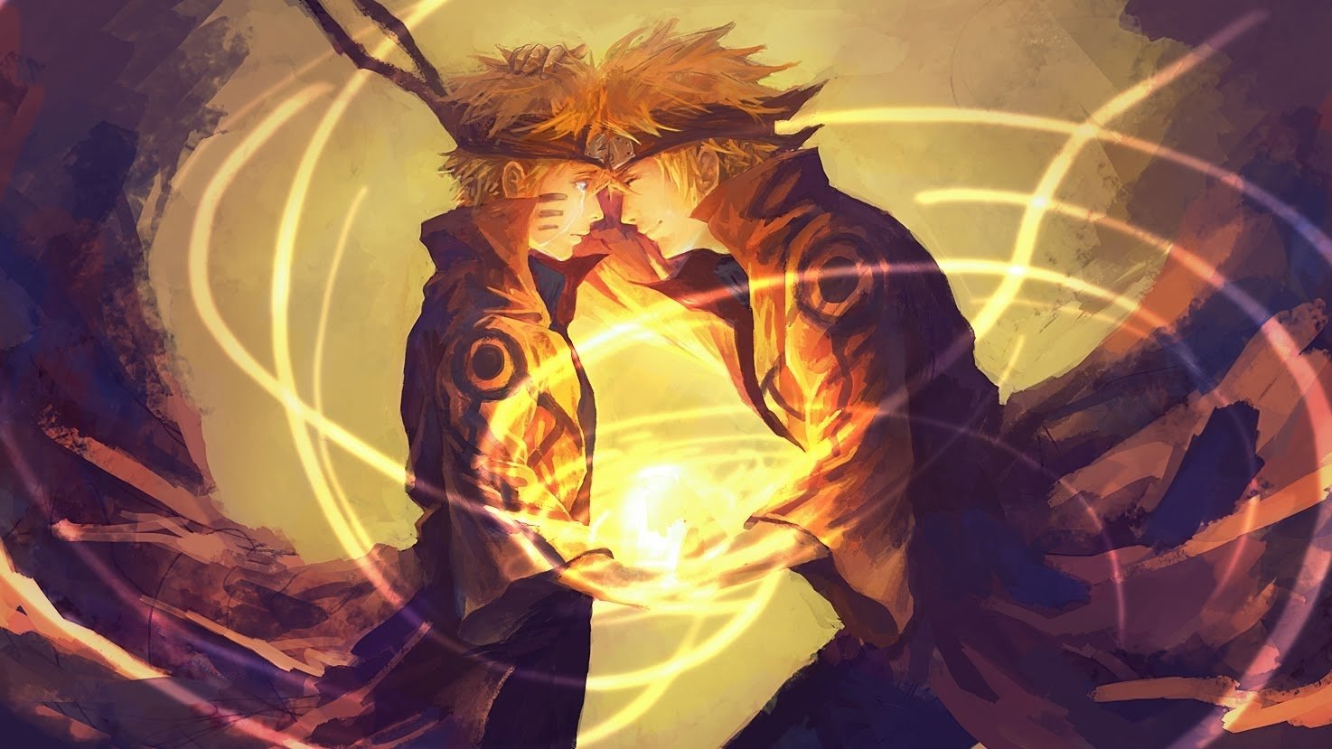 Minato Namikaze and Naruto Uzumaki face each other, both glowing with energy in a dramatic anime scene. Their connection symbolizes strength and legacy in the Naruto series.