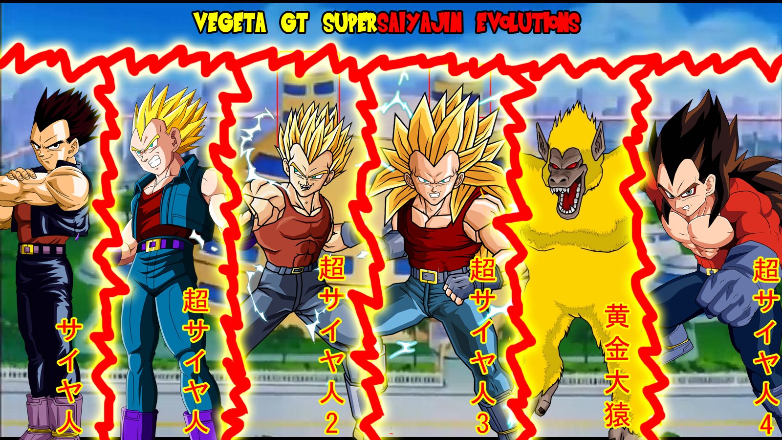 An illustration featuring Vegeta from Dragon Ball GT, showcasing his Super Saiyan transformations: Super Saiyan, Super Saiyan 2, Super Saiyan 3, and Super Saiyan 4.