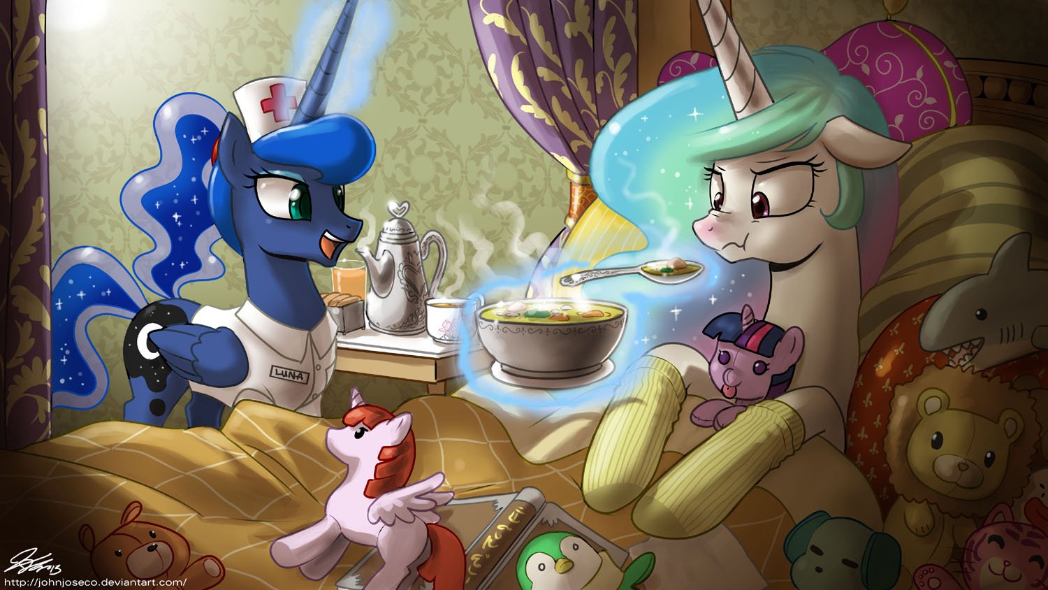 Princess Celestia and Twilight Sparkle relax in bed, while Princess Luna, in a nurse outfit, serves soup. Plush toys are scattered around in this cozy scene from *My Little Pony: Friendship Is Magic*.