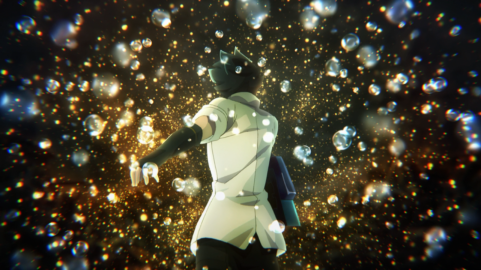 Utsugi Lenka from the anime God Eater is depicted in a vibrant scene, surrounded by sparkling particles that enhance the dynamic atmosphere of the moment.
