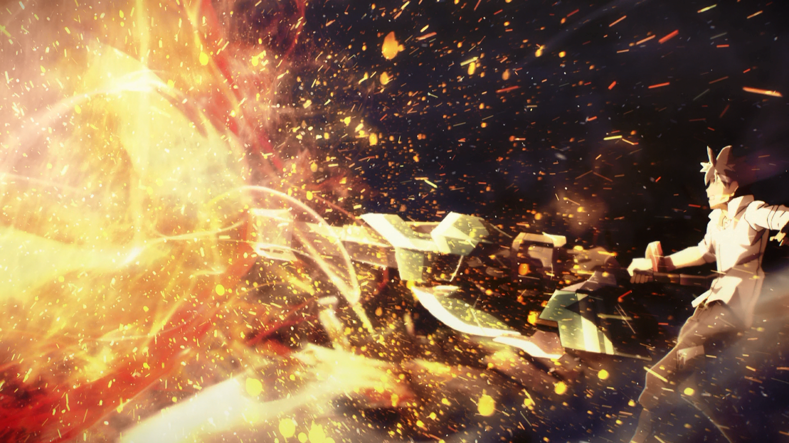 Utsugi Lenka from the anime God Eater unleashes a powerful fiery attack, surrounded by glowing embers and dynamic energy in a dramatic battle scene.