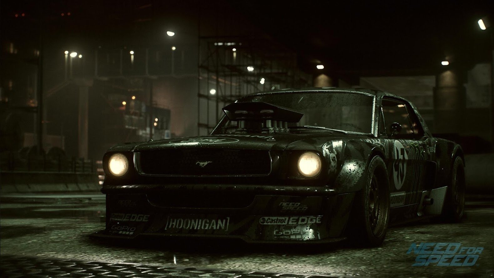 A dark and stylized modified car shines in the night, showcasing detailed graphics from the video game Need For Speed (2015) with a gritty urban backdrop.