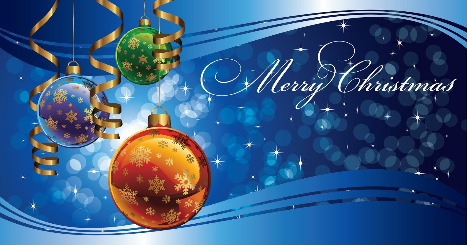 A festive design featuring colorful Christmas ornaments and shimmering ribbons, with the text Merry Christmas elegantly displayed against a rich blue background.