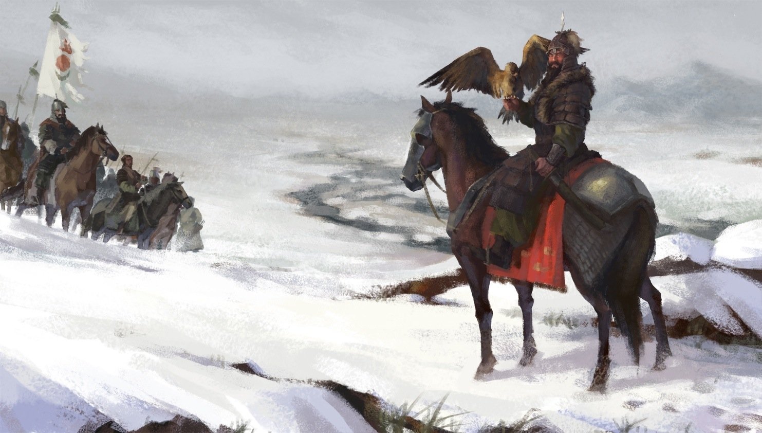 A fantasy warrior in fur armor sits astride a horse on a snowy plain, surveying a distant mounted warband beneath a gray sky.