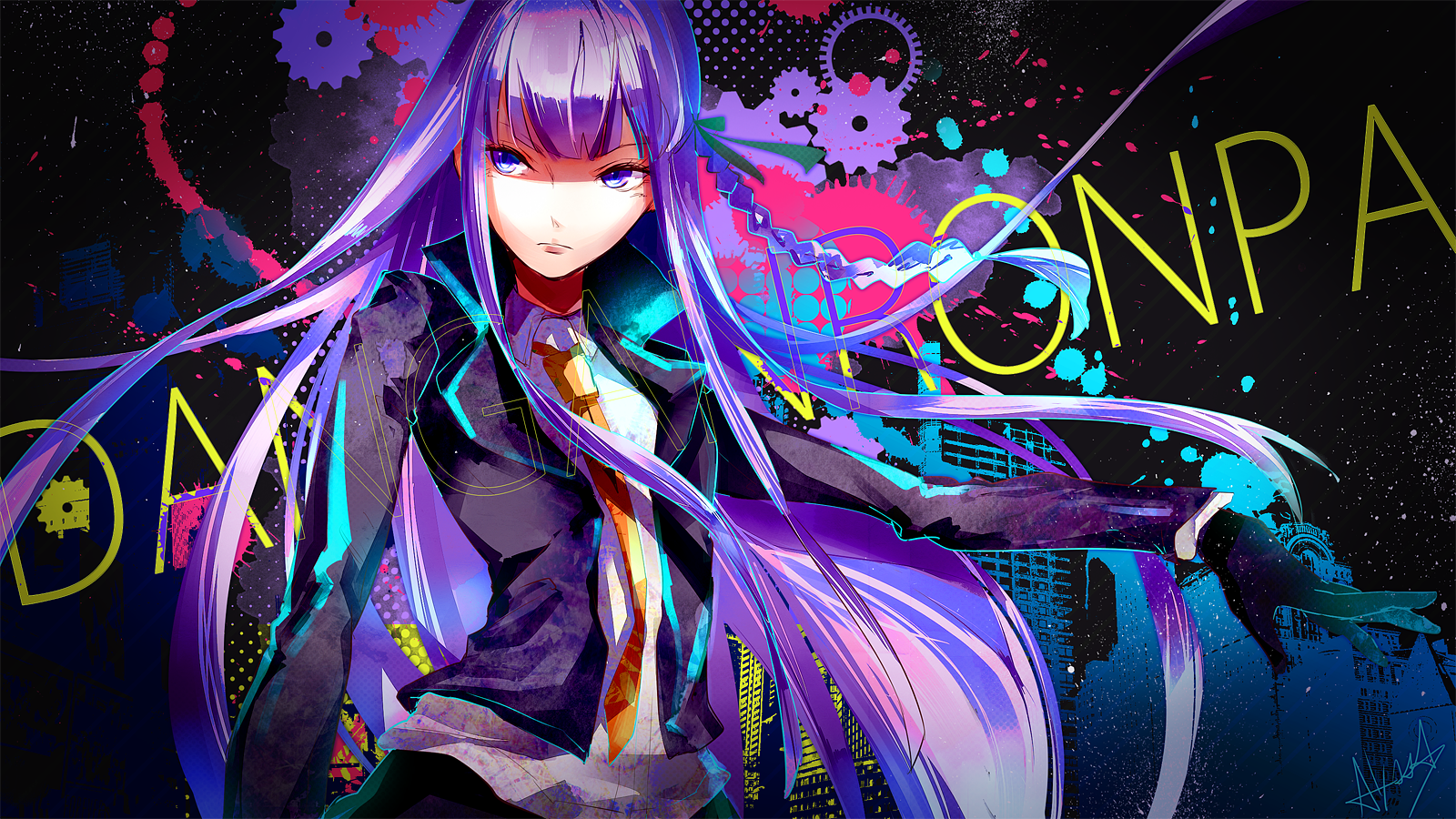 Anime-style image of Kyōko Kirigiri from Danganronpa with long, flowing purple hair and a determined expression against a vibrant, gear-themed background.