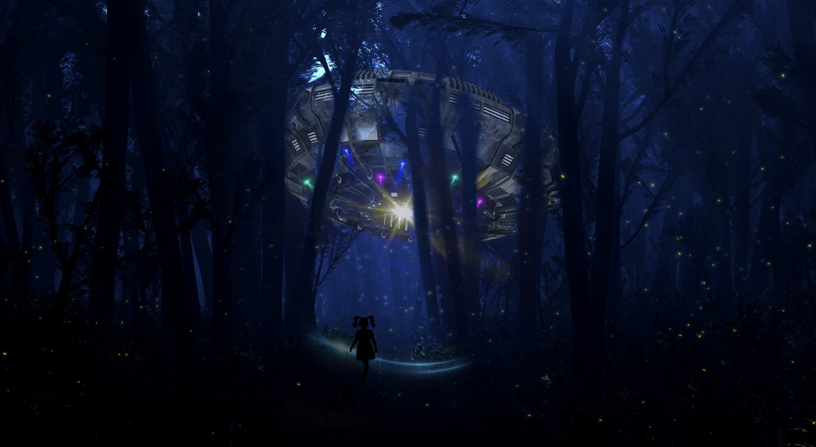 Little Girl in Forest with UFO