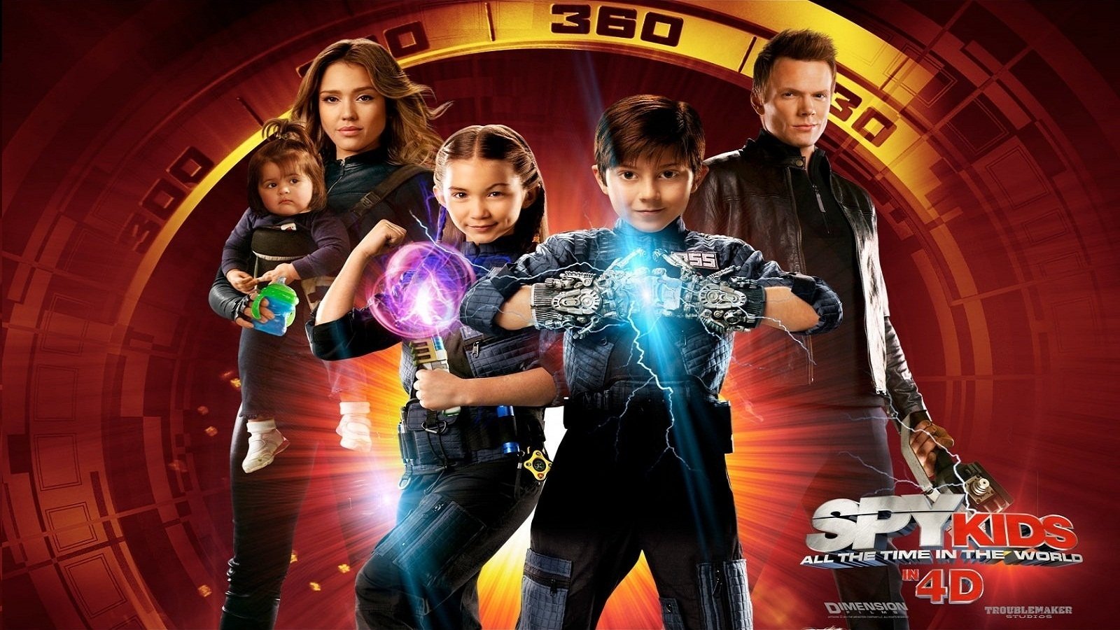 Movie poster for Spy Kids: All the Time in the World — four family spies in futuristic gear brandish glowing gadgets against a red, clockwork-style background.
