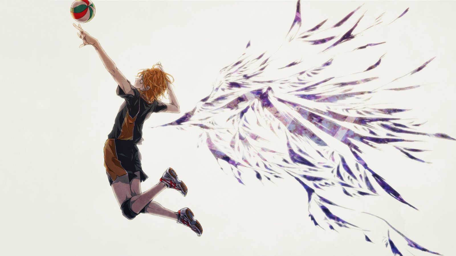 Shōyō Hinata leaps into the air, preparing to serve a volleyball, with vibrant wings emerging from his motion, capturing the spirit of sports in the anime Haikyū!! alongside Tobio Kageyama.