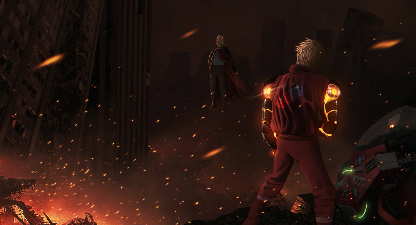 Genos and Saitama from One-Punch Man stand in a desolate, fiery landscape, showcasing their determination amidst the chaos. The dark, apocalyptic setting highlights their contrasting abilities.