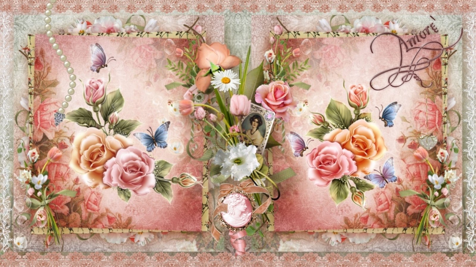 A vintage artistic illustration with mauve and pink roses, delicate butterflies, and pearls, capturing a romantic and floral love theme against a soft pastel background.
