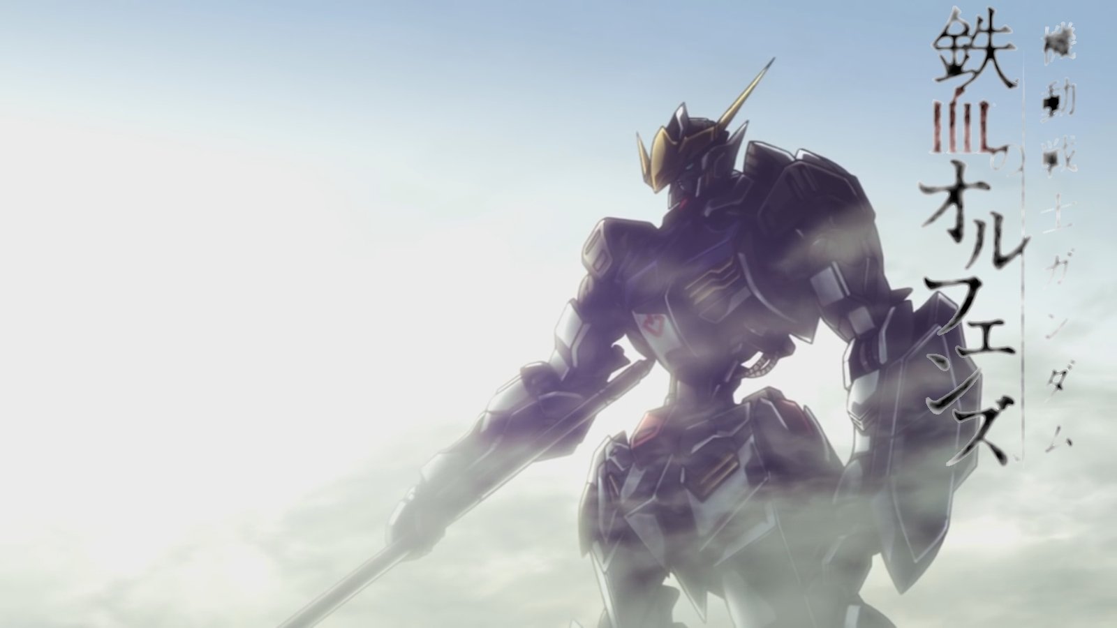 Gundam Barbatos from Iron-Blooded Orphans stands powerfully against a cloudy sky, showcasing its intricate design and imposing presence in the anime world.