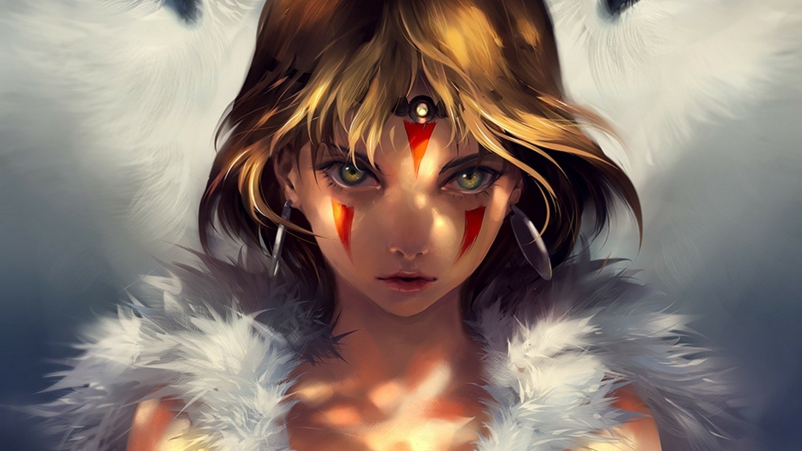 A fierce character inspired by anime and *Princess Mononoke*, featuring striking green eyes, tribal markings, and a fur cloak, embodying a spirit of strength and nature.