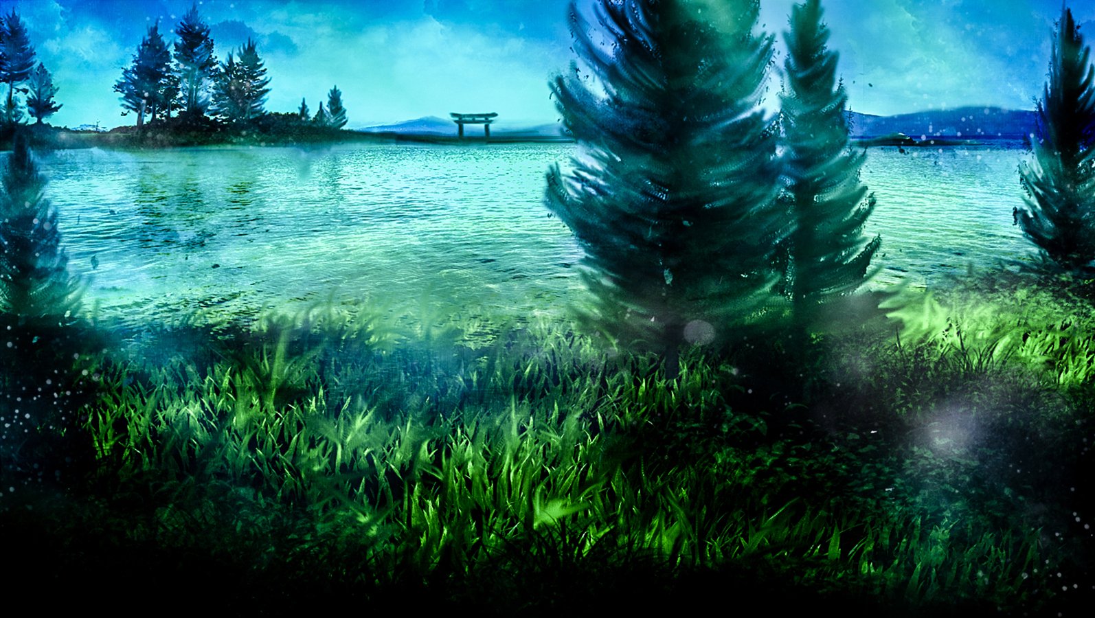 A fantasy landscape featuring trees and clouds reflected in calm water, bathed in ethereal light with a serene, otherworldly atmosphere.