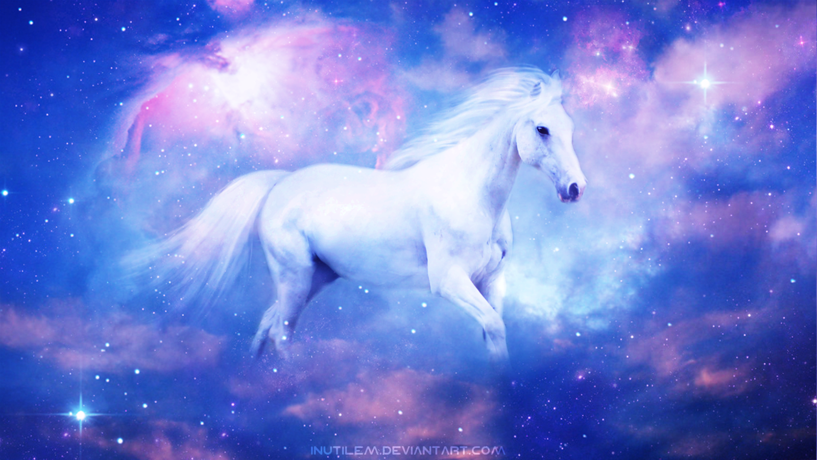 A white horse gracefully moves through a vibrant, manipulated sky filled with clouds and cosmic colors, blending fantasy elements with a dreamlike atmosphere.