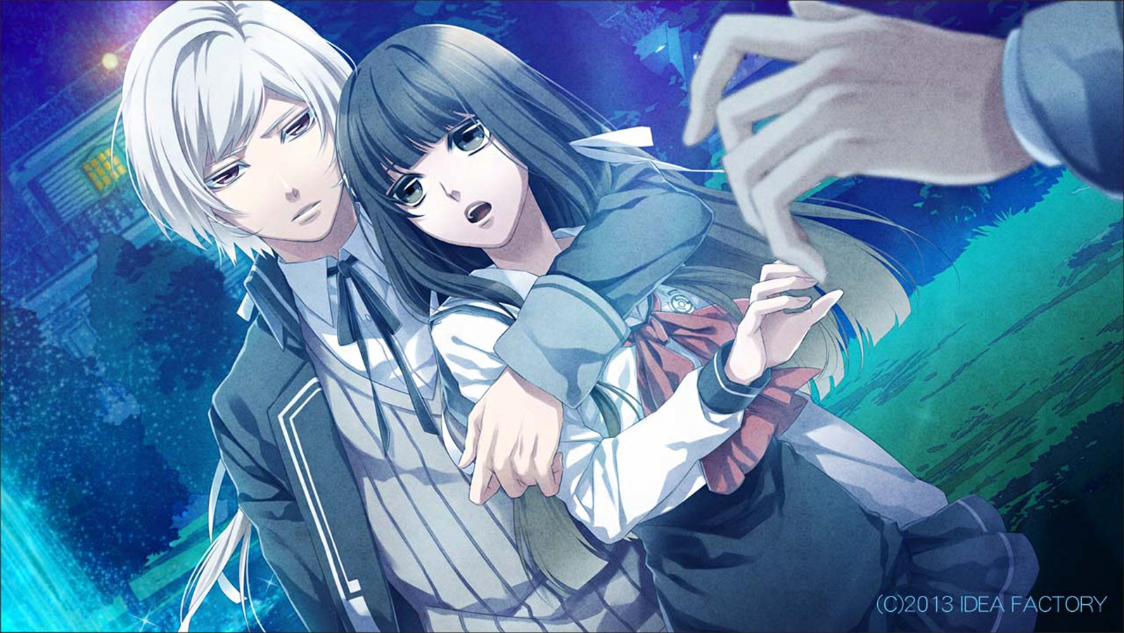 Mikoto Kuga holds Sakuya Nijou protectively in a nighttime scene from the anime Norn9: Norn + Nonette, with a hand reaching toward them in the foreground.