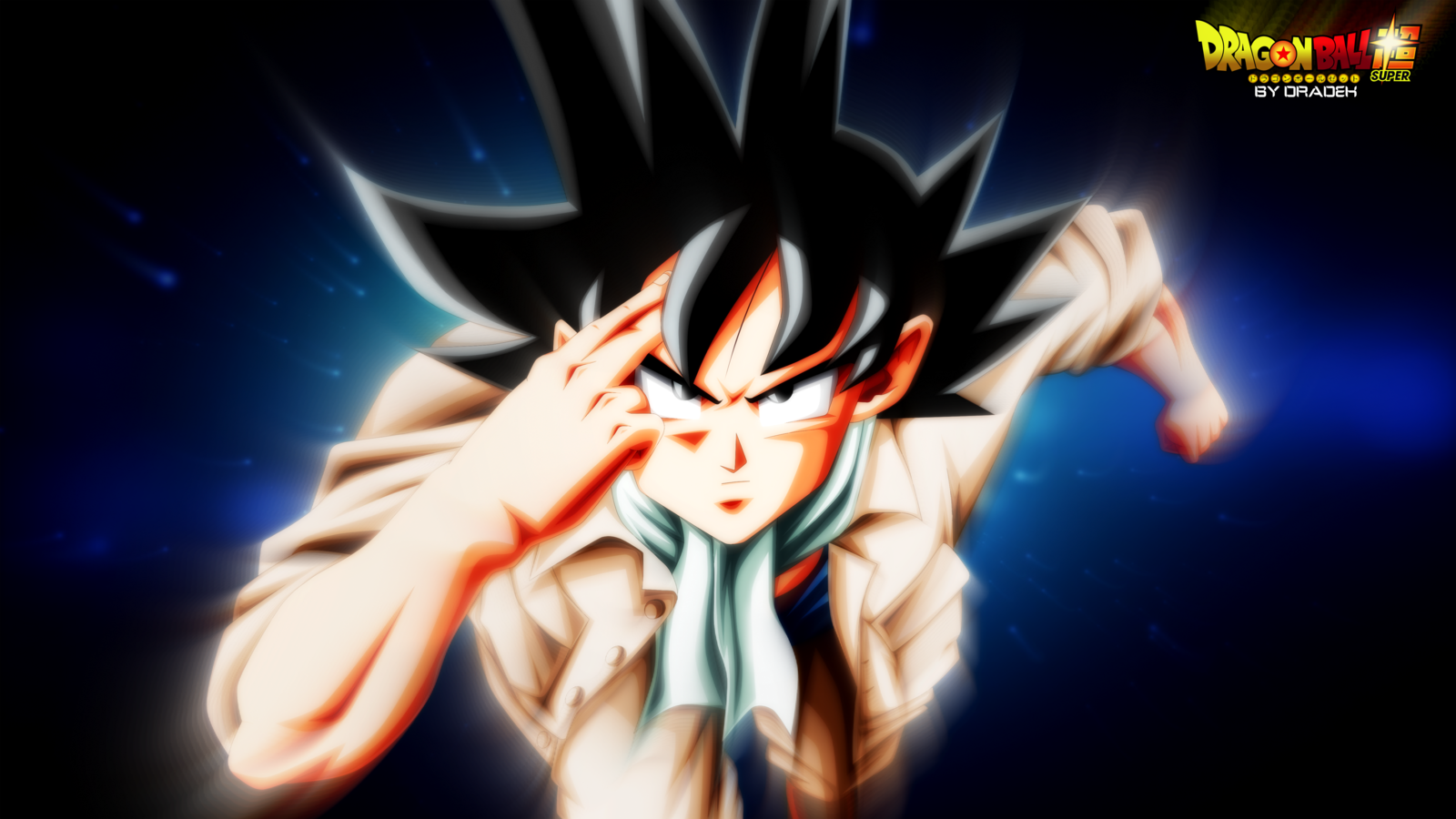 Goku, the iconic character from Dragon Ball Super, is depicted in an action pose with intense energy, showcasing his signature spiky black hair and determined expression.