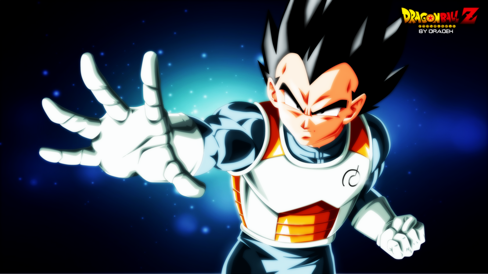 Vegeta from Dragon Ball Super strikes an intense pose, reaching forward with a determined expression, set against a vibrant blue background filled with energy.