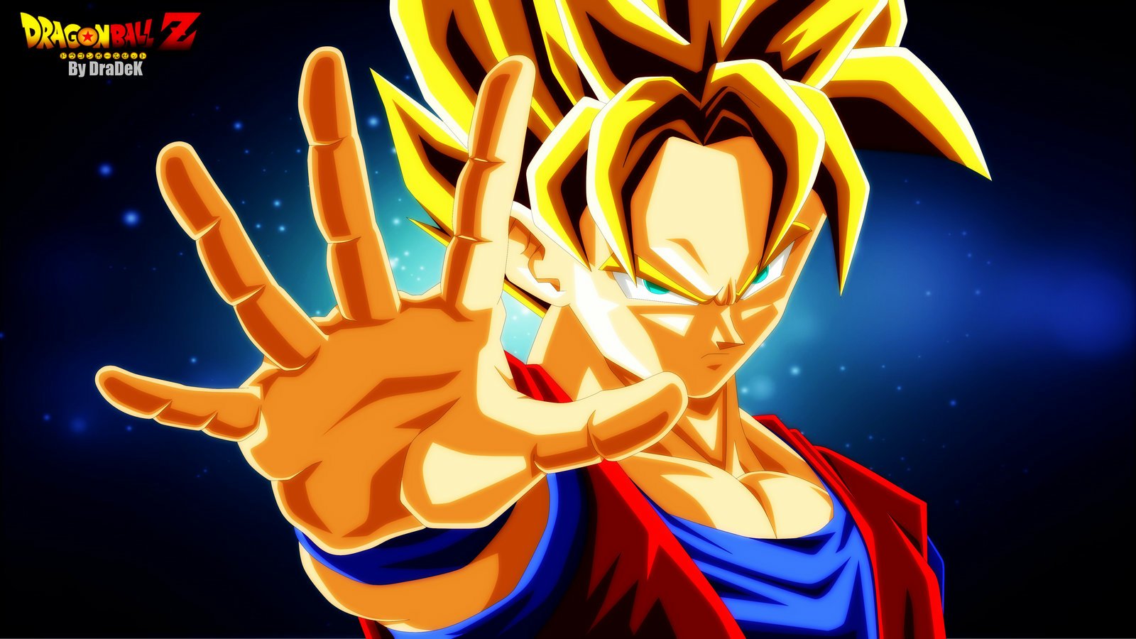 A vibrant illustration of Goku from Dragon Ball Z, showcasing his iconic hairstyle and determined expression as he extends his hand forward, embodying the spirit of anime action.