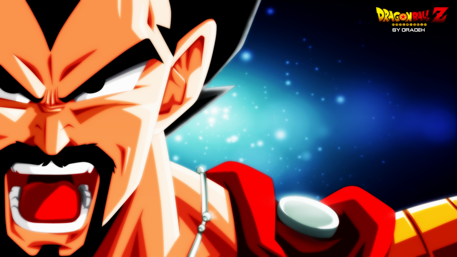 Close-up of King Vegeta from Dragon Ball Z shouting intensely against a cosmic background, showcasing bold anime-style art.