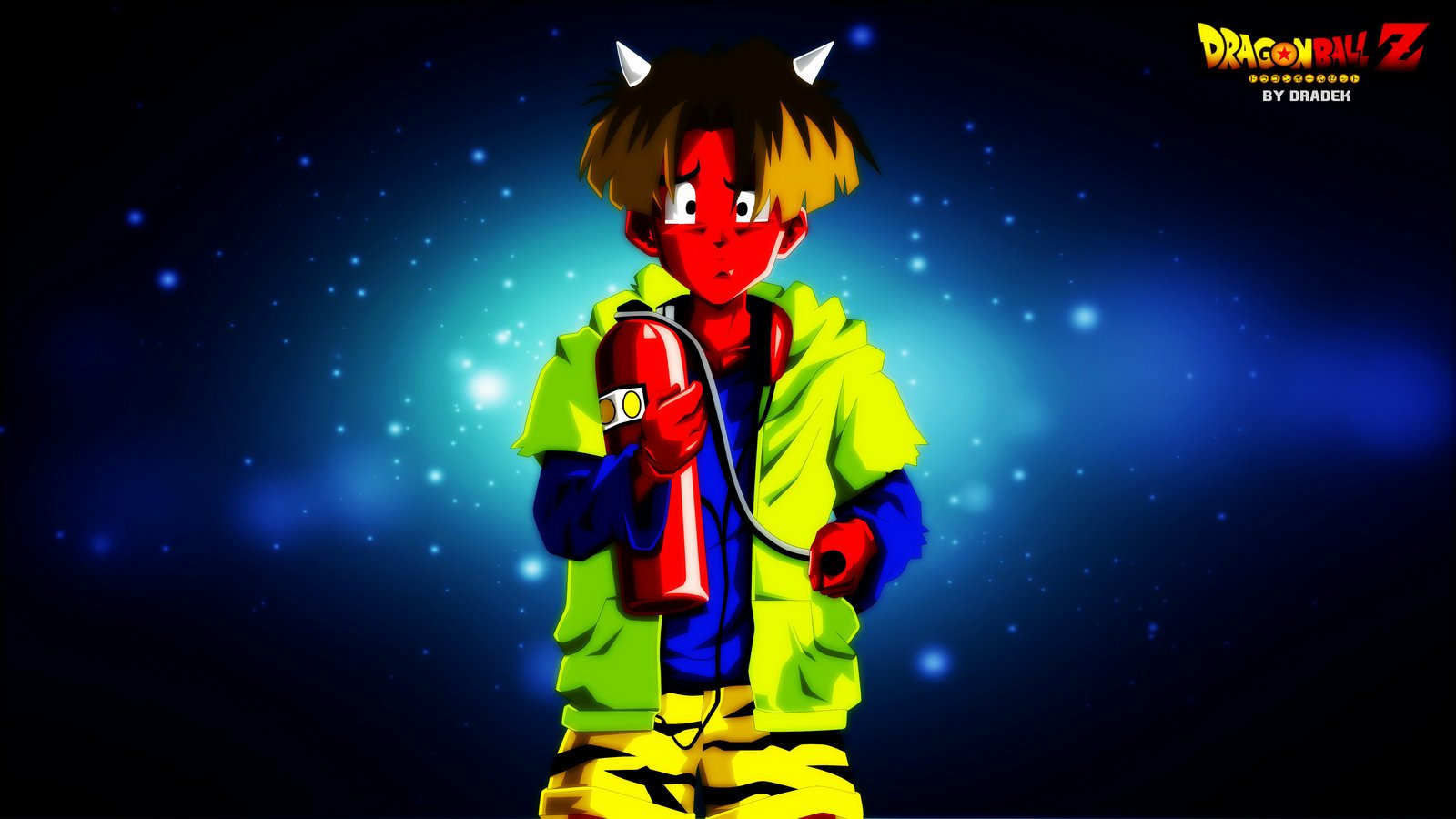 Saike Demon from Dragon Ball Z anime stands with a spray can, set against a glowing blue background with the Dragon Ball Z logo in the corner.