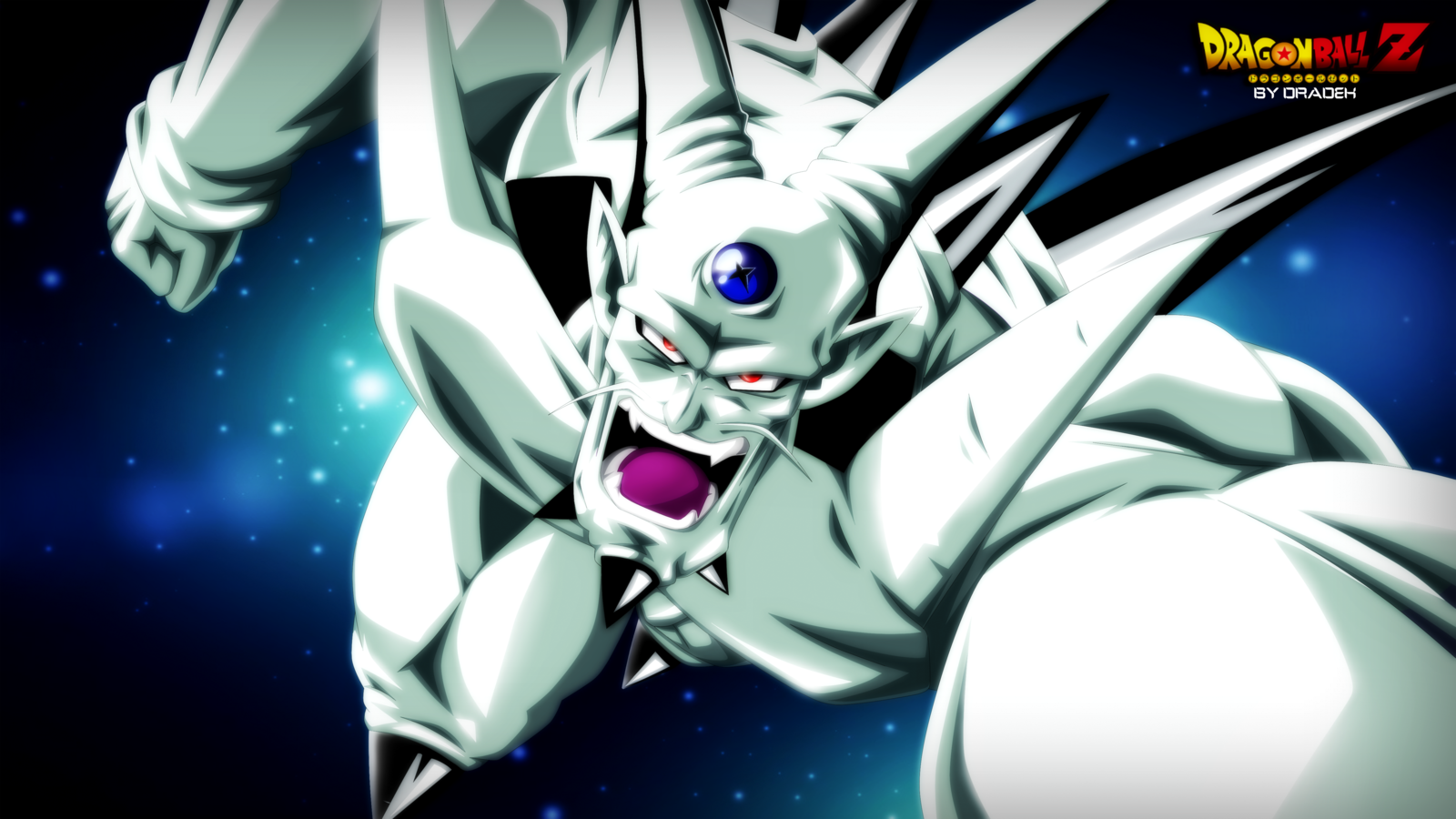 Omega Shenron from Dragon Ball Z is depicted angrily charging forward in a dynamic anime-style action pose against a cosmic background.