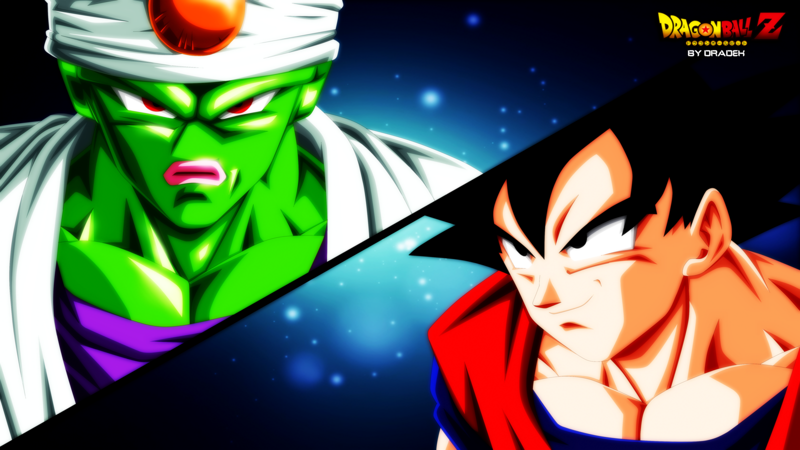 Split-screen image of Piccolo and Goku from Dragon Ball Z, showcasing intense expressions and vibrant anime art style with cosmic background elements.