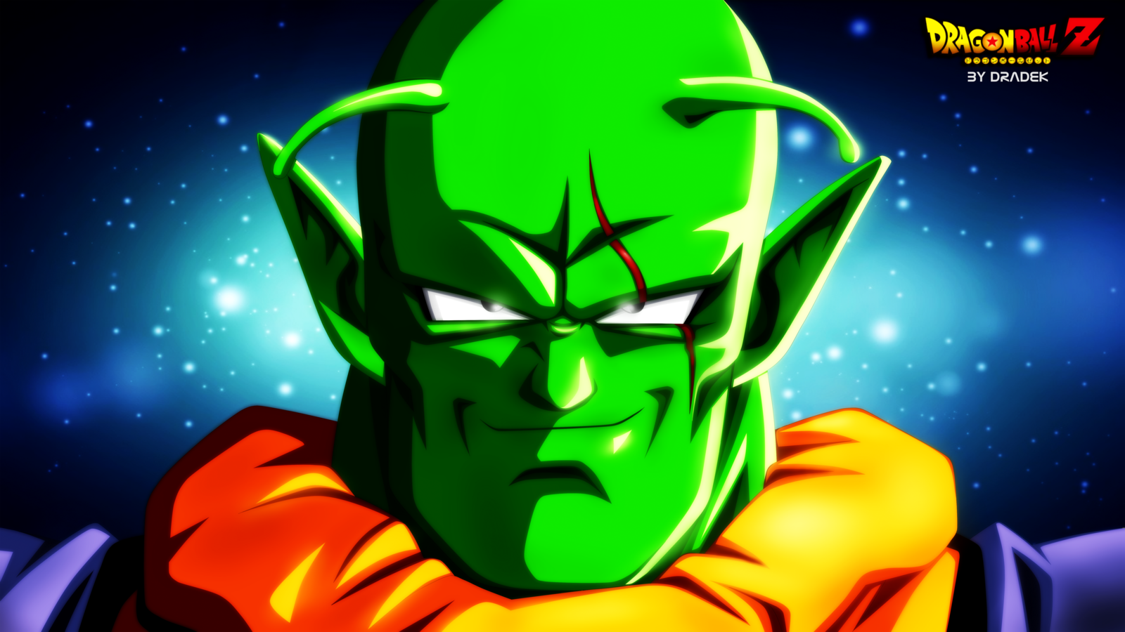 Close-up of Slug, a green alien character from the Dragon Ball Z anime, set against a glowing blue cosmic background.